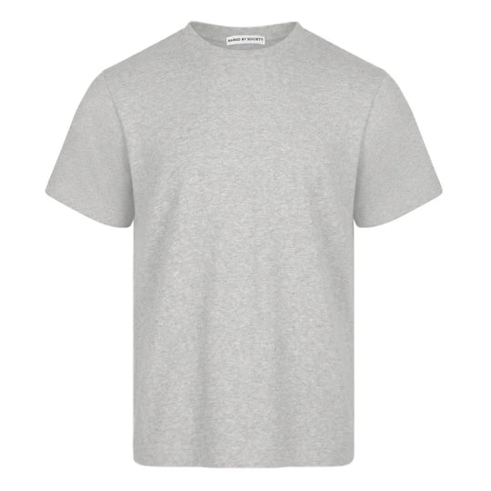 A light gray heather short-sleeve crewneck loopwheel t-shirt displayed on a clean white background.