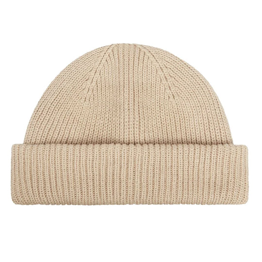 non wool fisherman beanie cotton. Beige color flat beanie photo and white background.