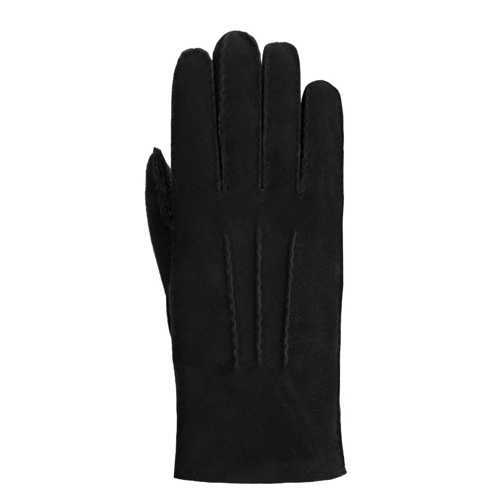 Best winter gloves made of real leather and wool. Black gloves, top view, with white background.