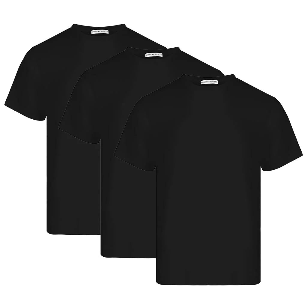 Loopwheeled t-shirt that keeps shape. Three black t-shirts stacked on a white background.