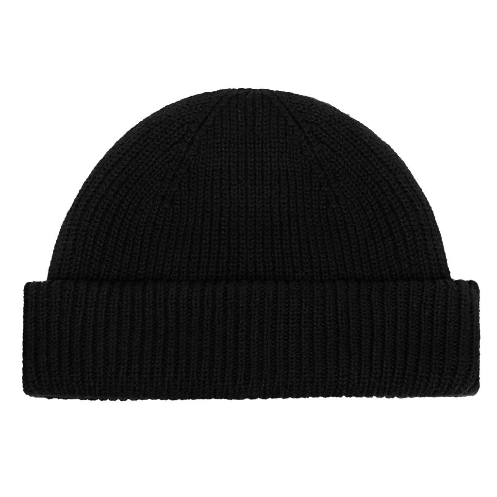 Cotton beanie for all day wear. Black beanie hat on a white background.