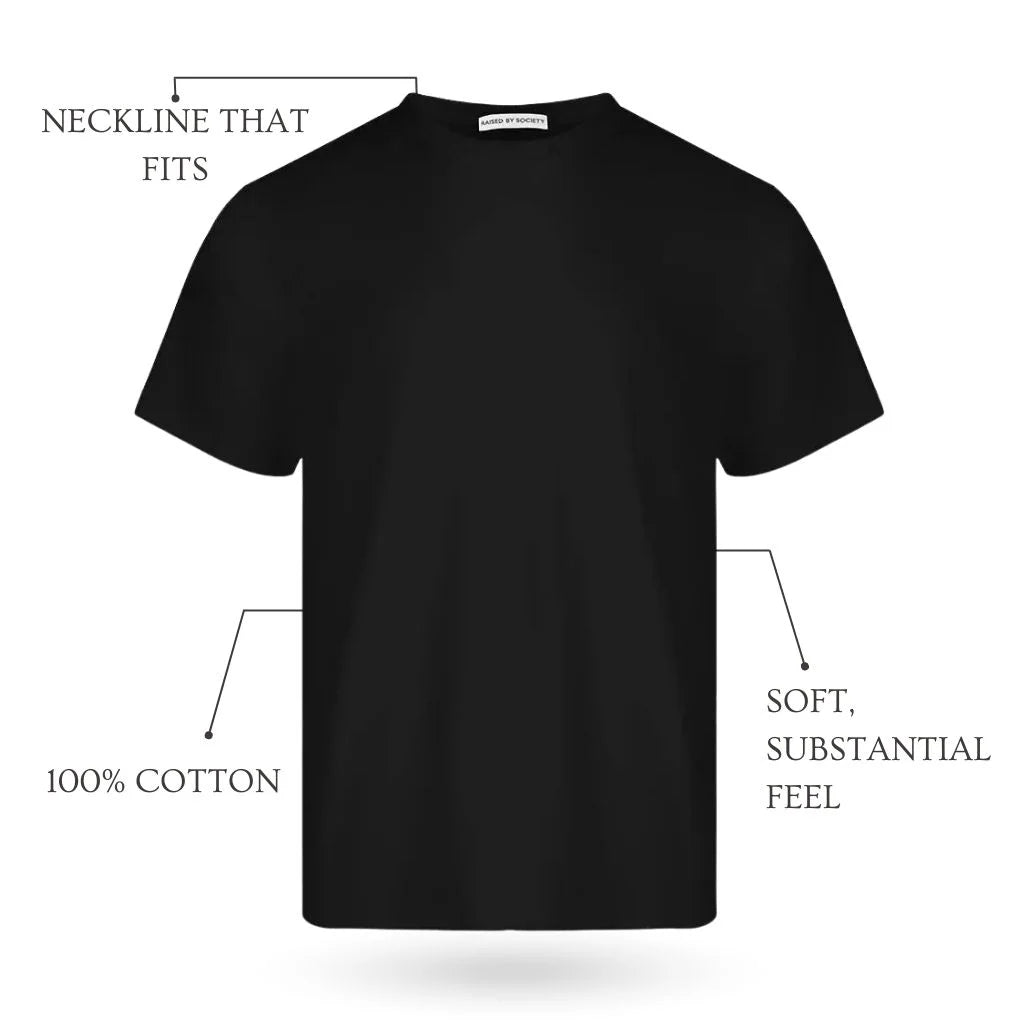 Black t-shirt with text labels on a white background. top rated loopwheel tees for men.