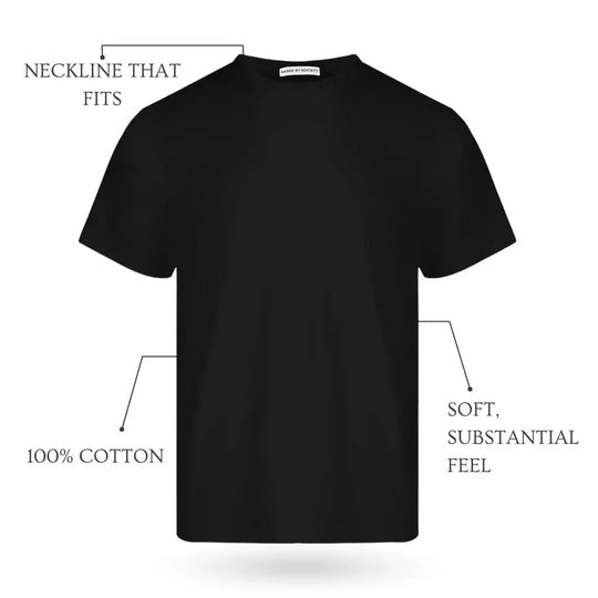 Black t-shirt with text labels on a white background. top rated loopwheel tees for men.