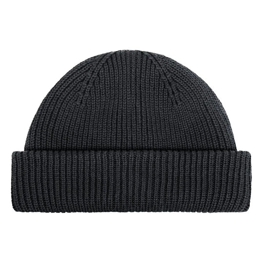 100% cotton fisherman beanie. Flat beanie in fade black color and white background.