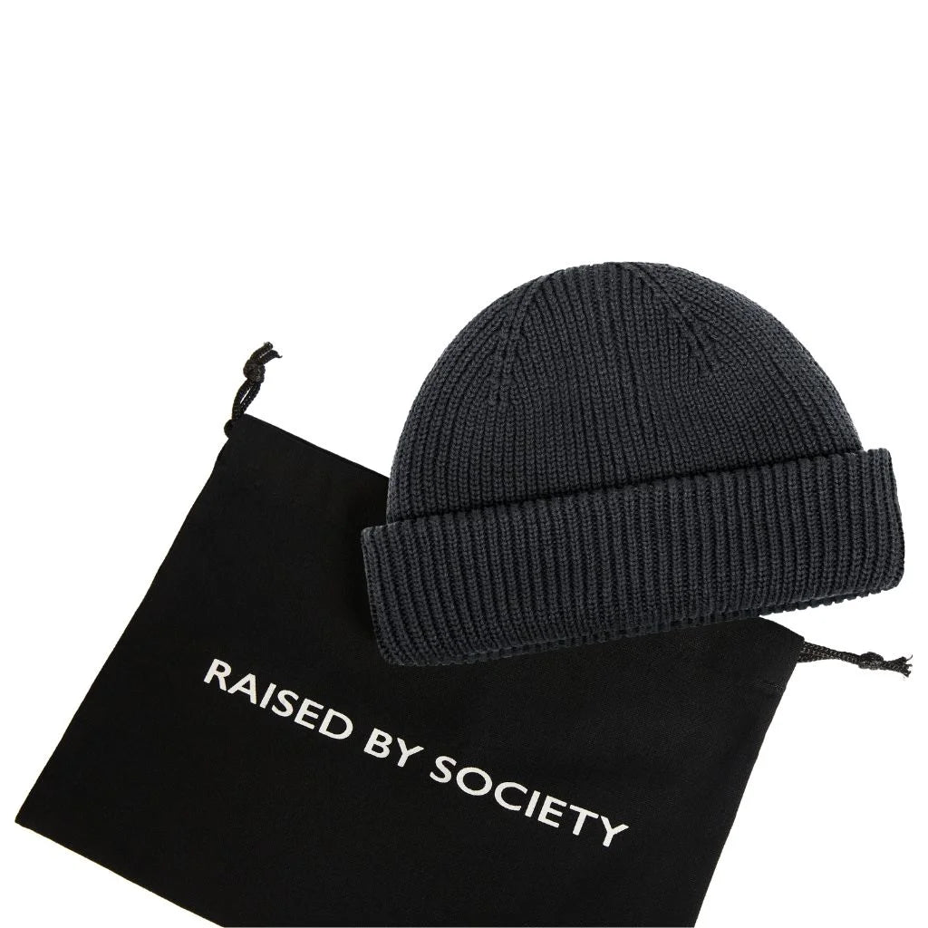Minimalist fisherman beanie cotton. Charcoal color  beanie with RAISED BY SOCIETY cotton black dust bag. 