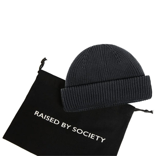 Minimalist fisherman beanie cotton. Charcoal color  beanie with RAISED BY SOCIETY cotton black dust bag. 