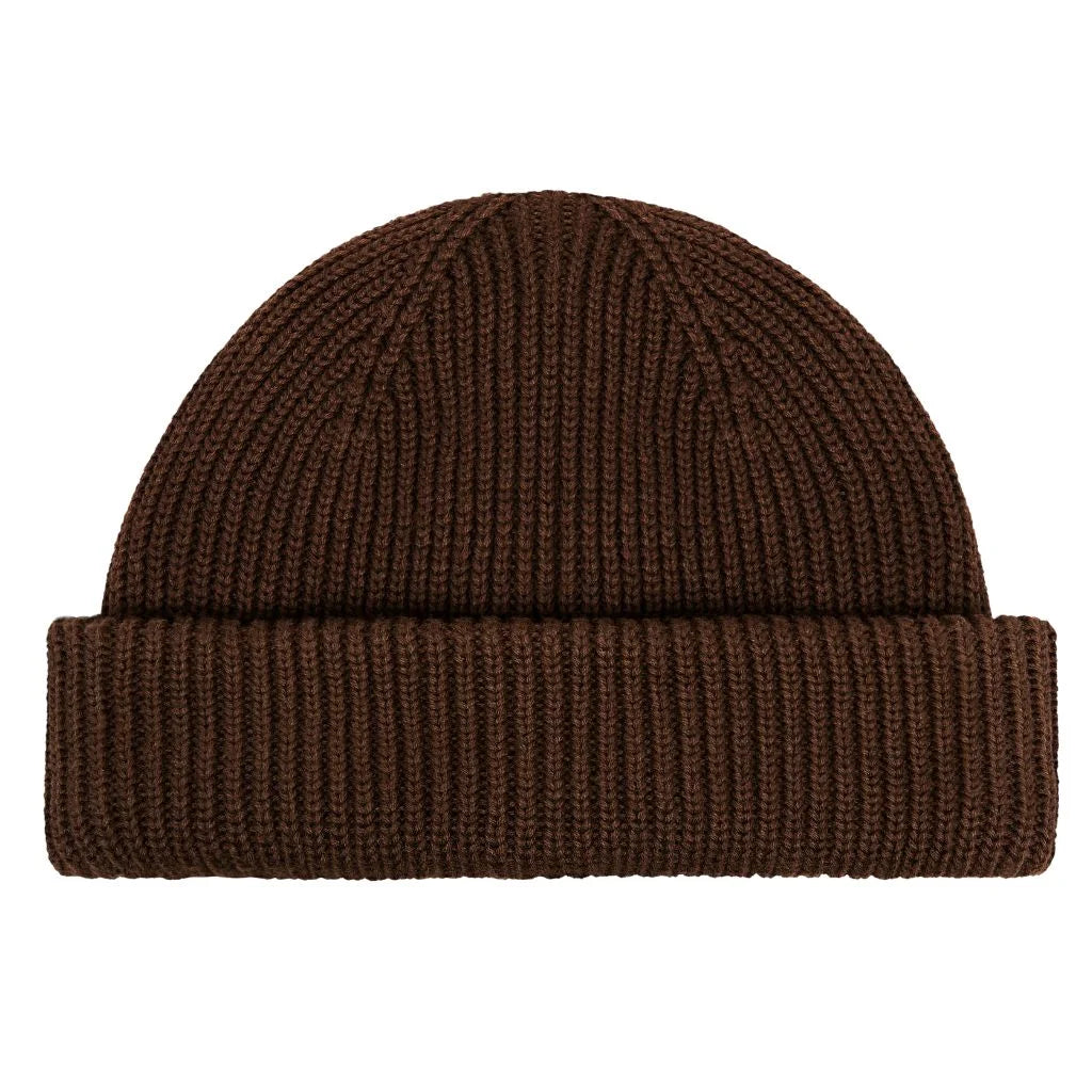 Cotton knit fisherman beanie. Coffee brown color. White background.