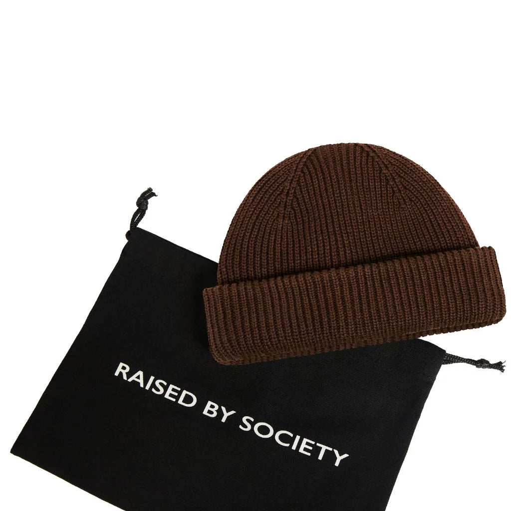 Classic fisherman beanie cotton. Coffee brown color with RAISED BY SOCIETY cotton bag. 