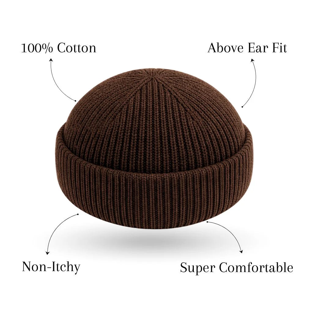 what is the best cotton fisherman beanie?The fisherman beanie pro. Brown knit beanie with features labeled on a white background.