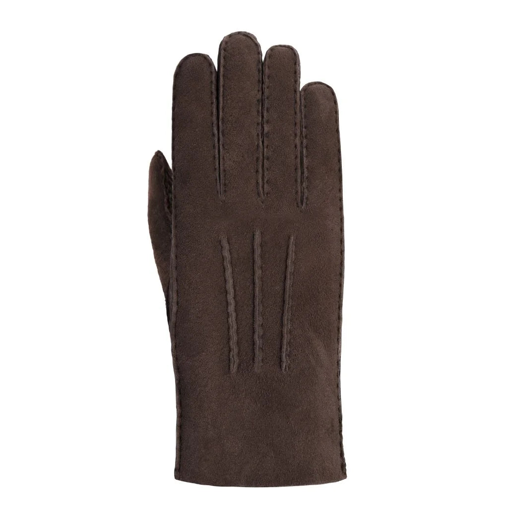 Suede lambskin brown gloves with wool lining inside. White background.