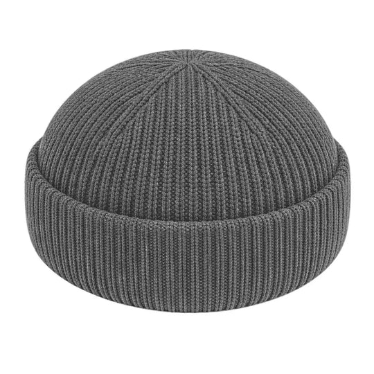 Casual fisherman beanie cotton. Gray knit beanie on a white background.