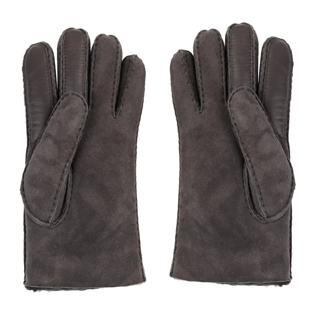 Best luxury gloves for winter touchscreen compatible. Dark grey suede gloves with white background.