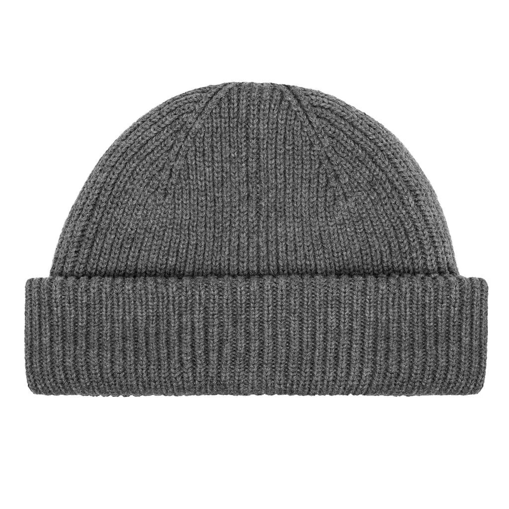 Doft cotton fisherman beanie hat. Dark grey color. White background.