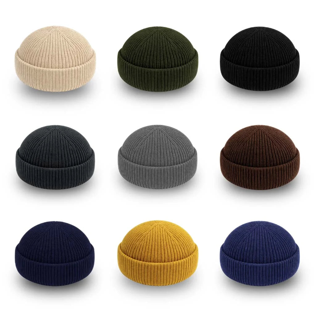 Best fisherman beanie for everyday wear. There are 9 fisherman beanies in this picture in 3D. Rows and columns in 3. Beige, Brown, Black, Green, Dark Grey, Grey, Yellow, Navy and Dark Blue.