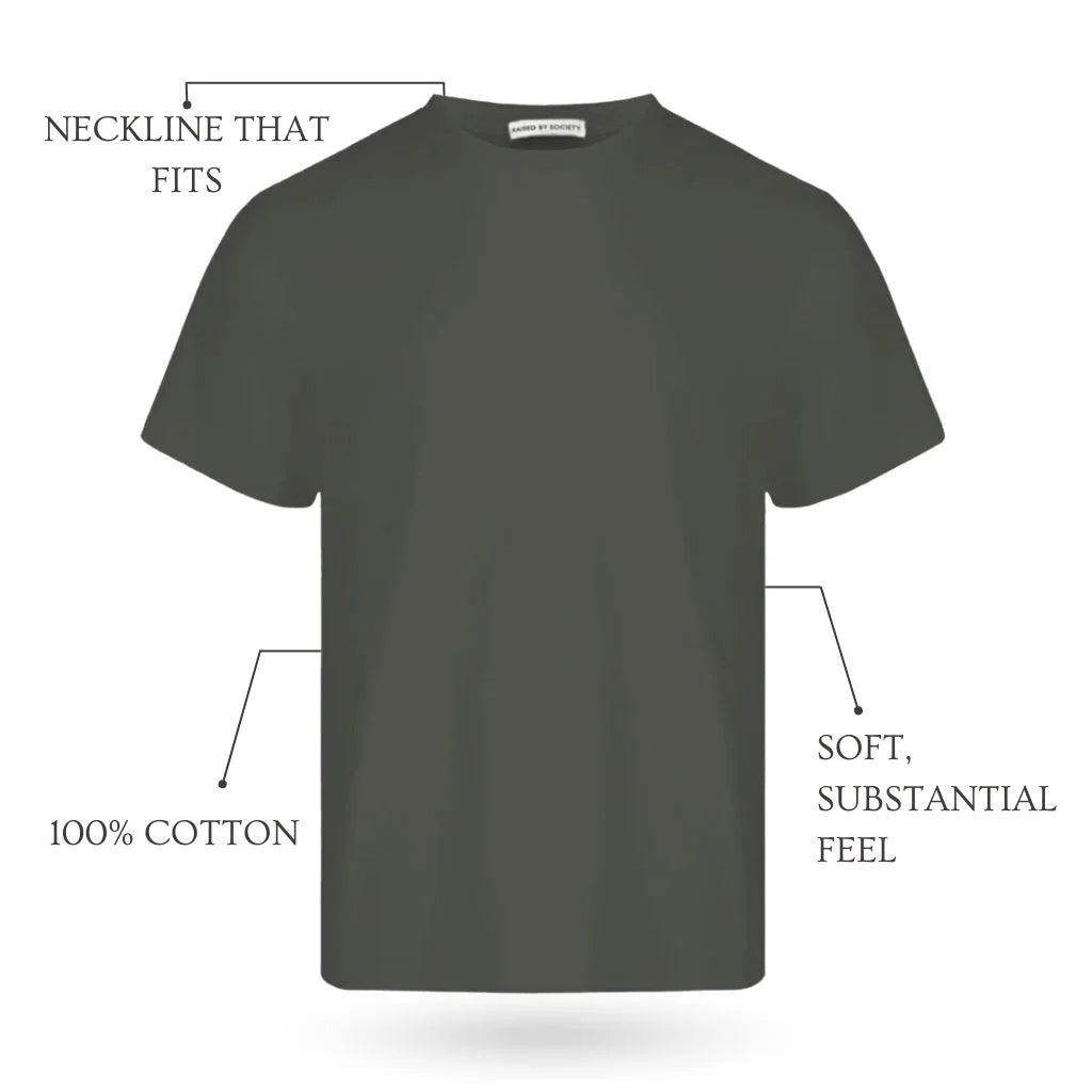 Green t-shirt with text labels on a white background. Recommend good loopwheel t-shirt brands. RAISED BY SOCIETY.