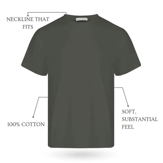 Green t-shirt with text labels on a white background. Recommend good loopwheel t-shirt brands. RAISED BY SOCIETY.