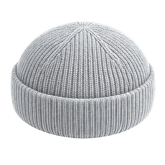 best cotton fisherman beanie. Gray knit beanie on a white background