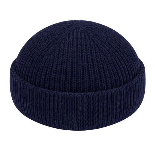 Best cotton fisherman beanie. Navy blue knit beanie on a white background
