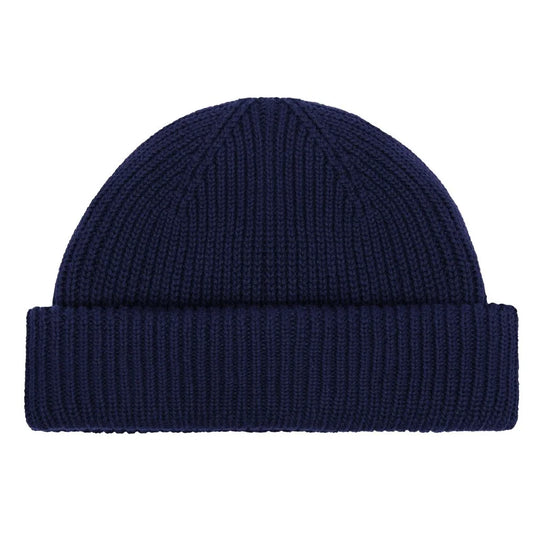 Best lightweight beanie for spring and fall. Dark blue flat beanie photo with white background.
