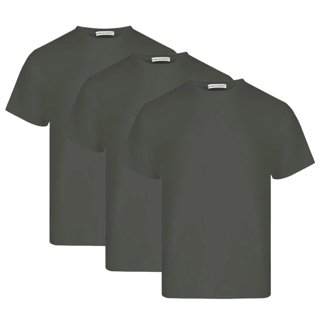 Breathable loopwheel cotton t-shirt. Three green t-shirts stacked on a white background.