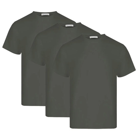Breathable loopwheel cotton t-shirt. Three green t-shirts stacked on a white background.