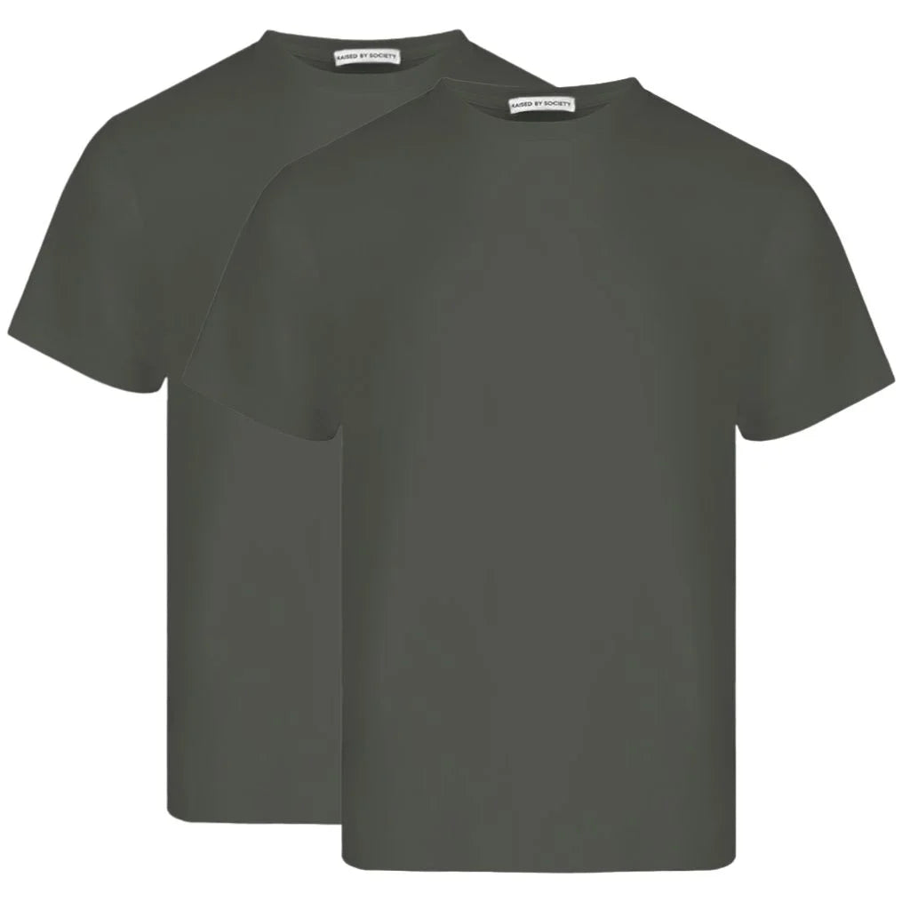 Loopwheeled t-shirt no side seams. Two green t-shirts with labels on a white background.