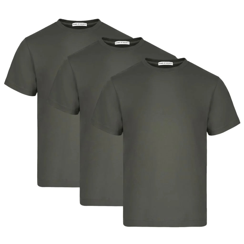 Breathable loopwheel cotton t-shirt. Three green t-shirts stacked on a white background.