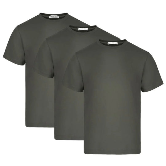 Breathable loopwheel cotton t-shirt. Three green t-shirts stacked on a white background.