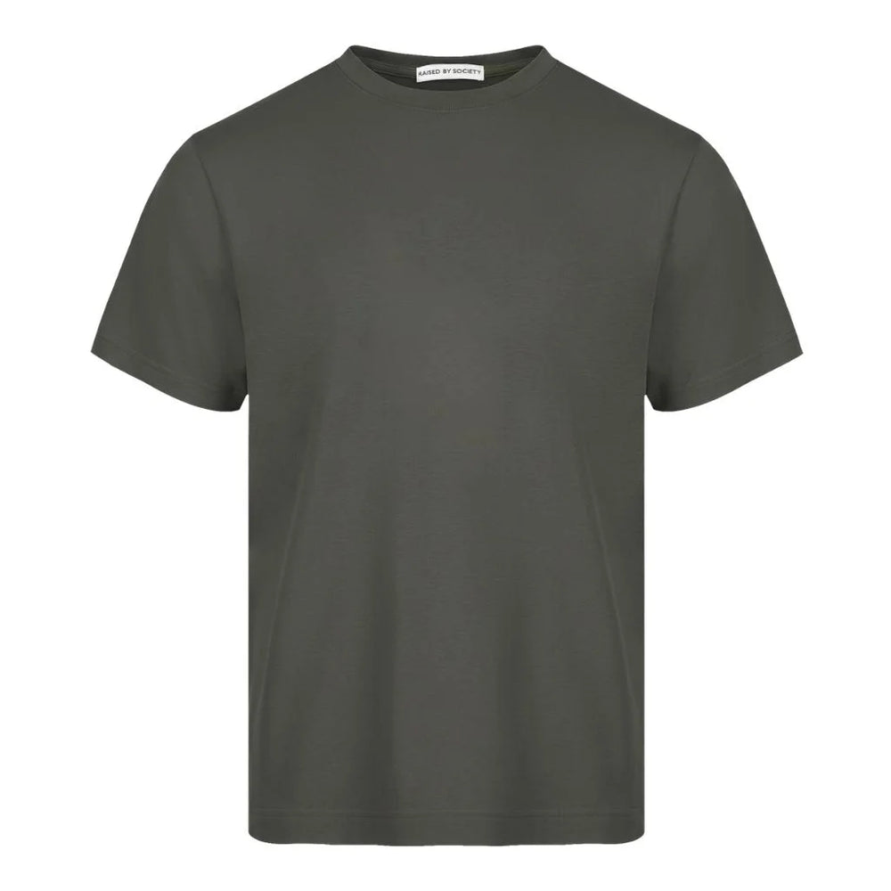 Loopwheeled t-shirt slow knitted vintage machine. Plain green t-shirt on a white background.