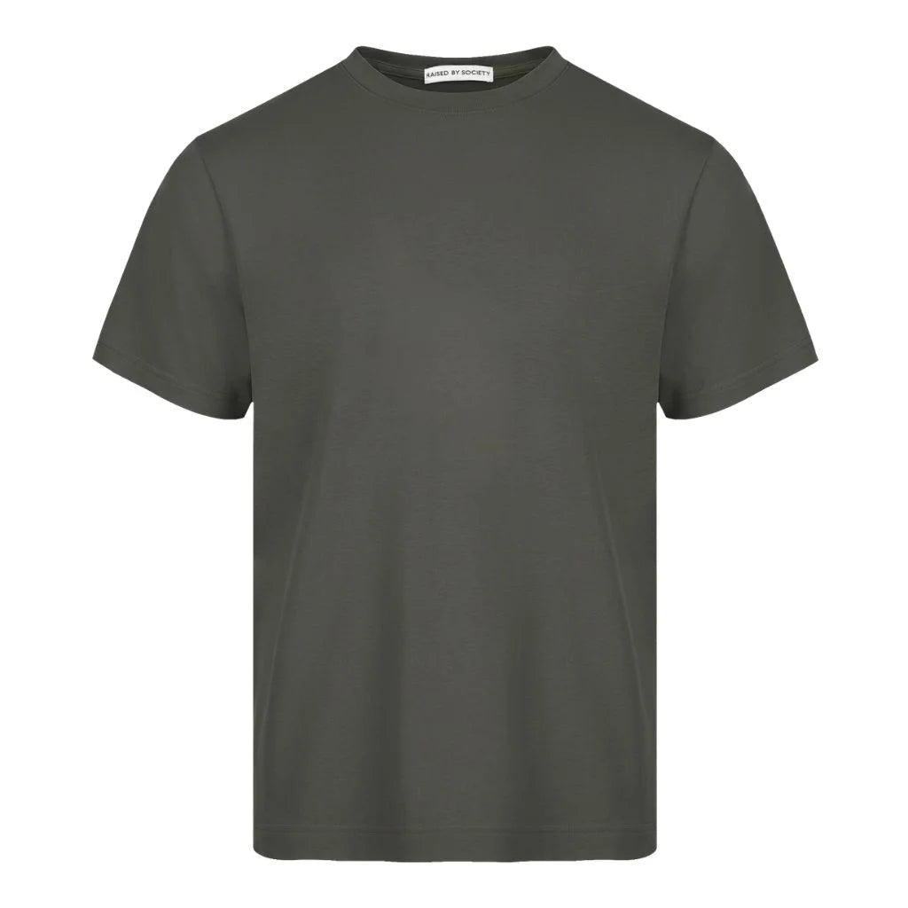 Loopwheeled t-shirt slow knitted vintage machine. Plain green t-shirt on a white background.