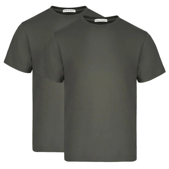 Loopwheeled t-shirt no side seams. Two green t-shirts with labels on a white background.