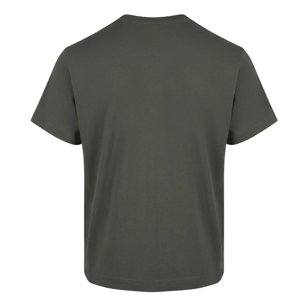 Minimalist loopwheeled t-shirt. Plain green t-shirt on a white background. Back view.