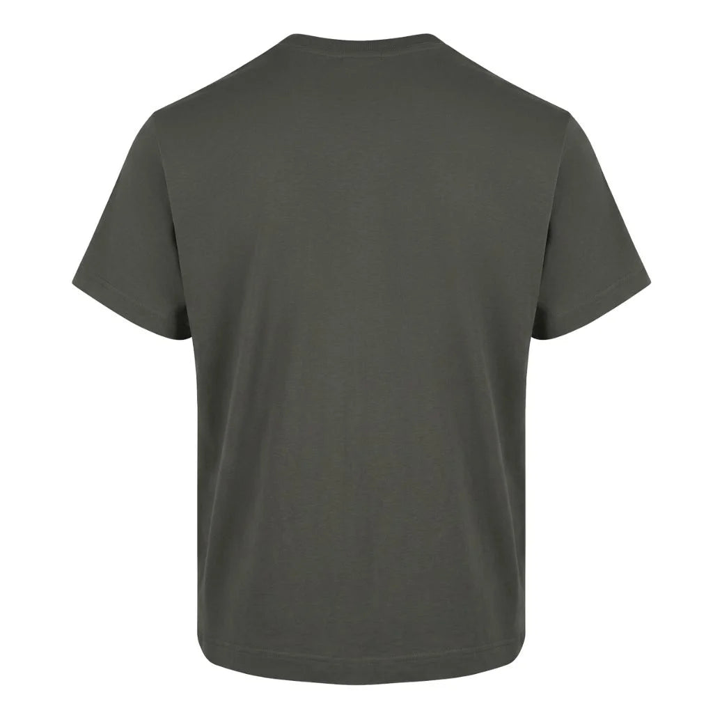 Minimalist loopwheeled t-shirt. Plain green t-shirt on a white background. Back view.