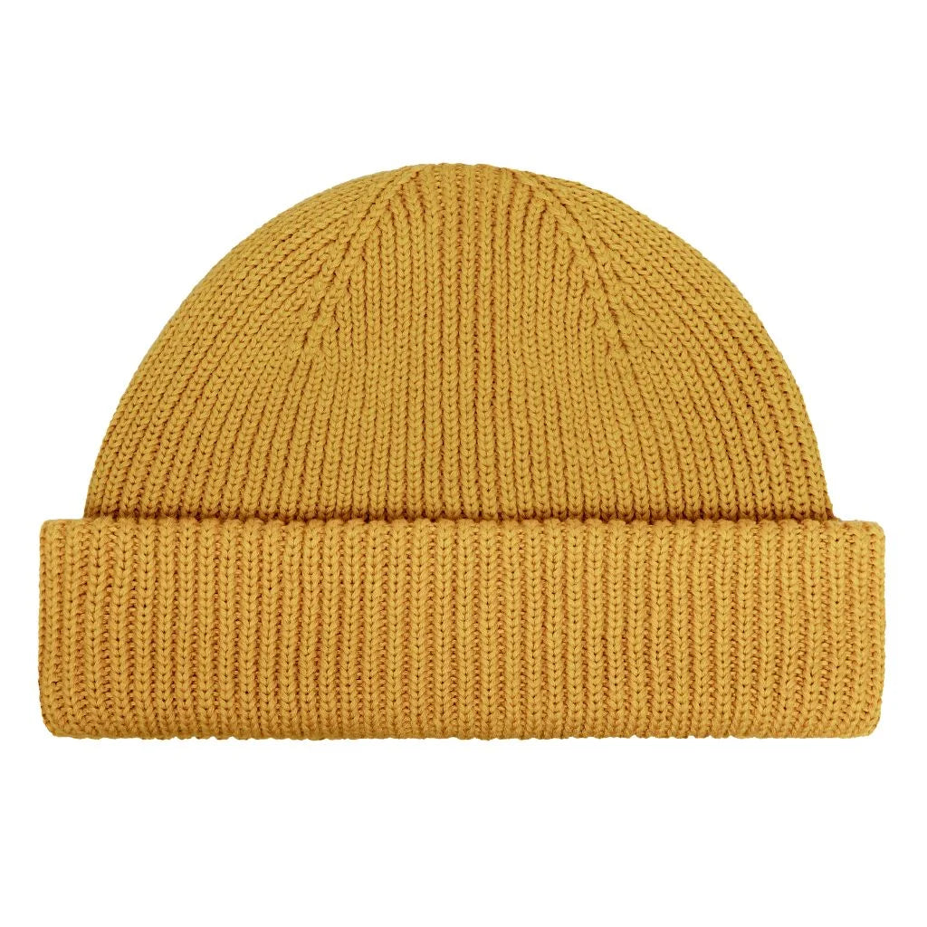Cotton fisherman beanie breathable. Mustard yellow beanie with white background. 