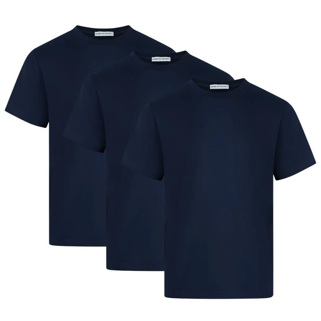 Three navy blue loopwheel short-sleeve crewneck t-shirts arranged in a layered overlapping stack on a plain white background.