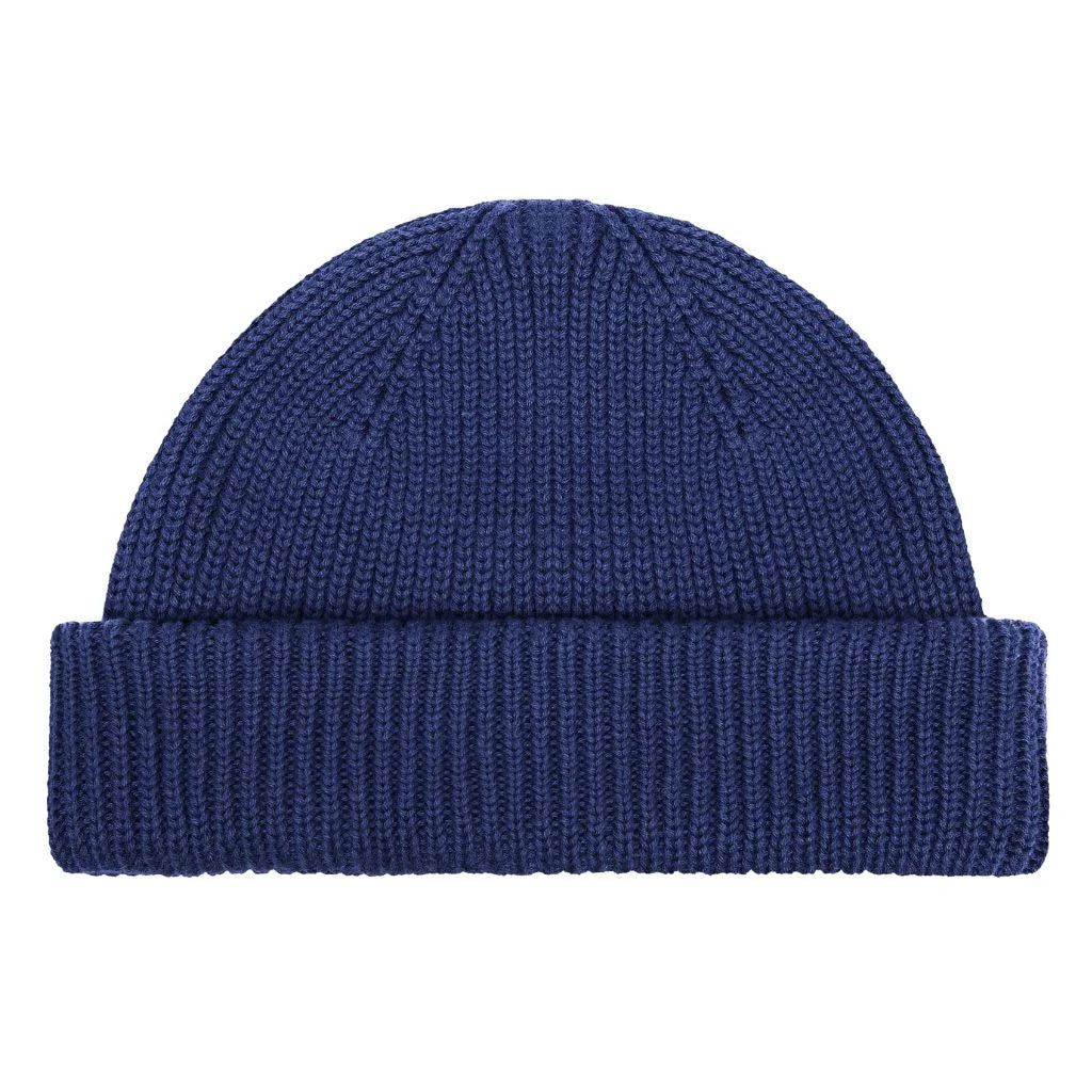 Natural cotton fisherman beanie. Navy color with white background.