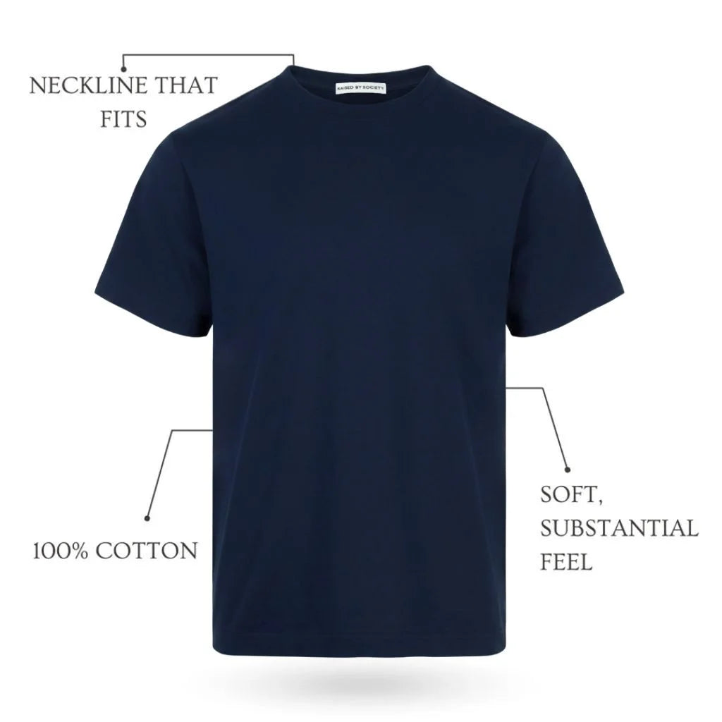 Navy t-shirt with text labels on a white background. Recommend good loopwheel t-shirt brands. RAISED BY SOCIETY.