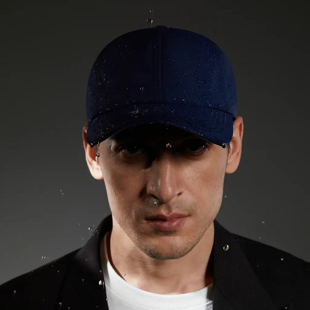 Caucasian wearing Ffashionable cap offering water-resistant and filth-resistant benefits