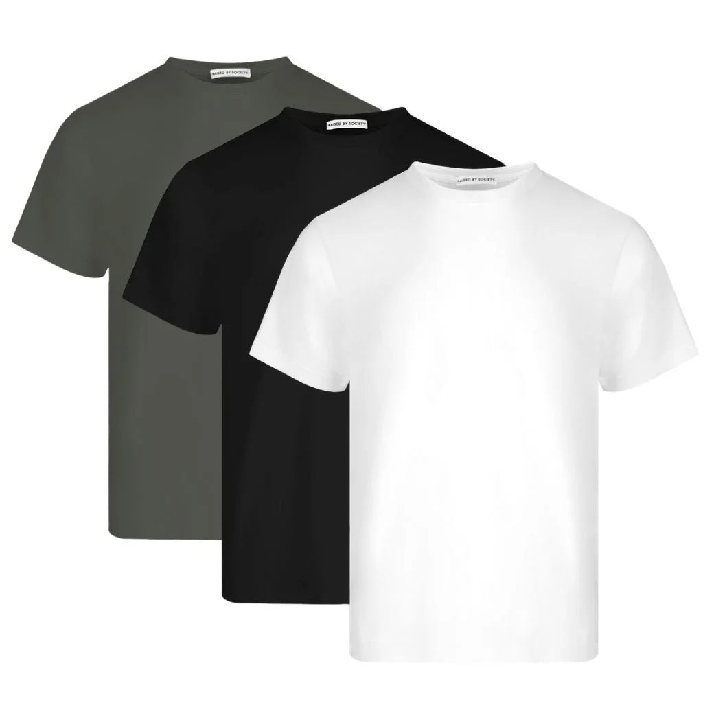 Traditional loopwheel t-shirt. Three plain t-shirts in gray, black, and white on a white background.