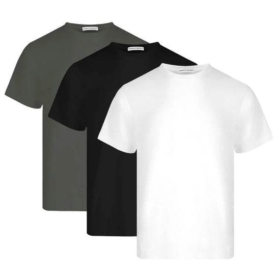 Traditional loopwheel t-shirt. Three plain t-shirts in gray, black, and white on a white background.