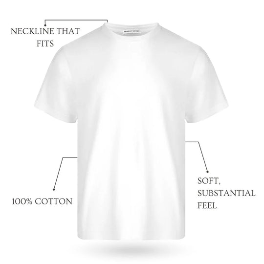 White t-shirt with text highlighting features on a white background. premium blank loopwheel t-shirts.