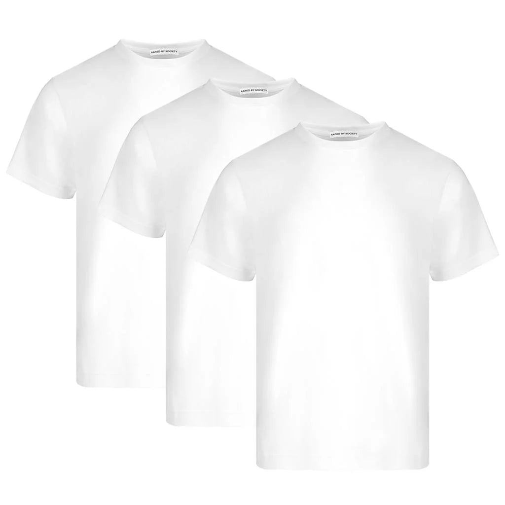 Minimalist loopwheeled t-shirt no logo. Three white loopwheeled t-shirts displayed in a stacked arrangement.