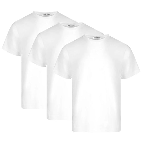 Minimalist loopwheeled t-shirt no logo. Three white loopwheeled t-shirts displayed in a stacked arrangement.