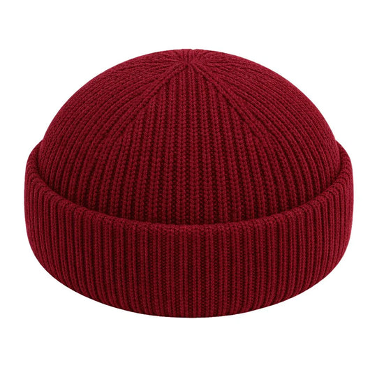 Workwear fisherman beanie cotton. Red knit beanie on a white background.