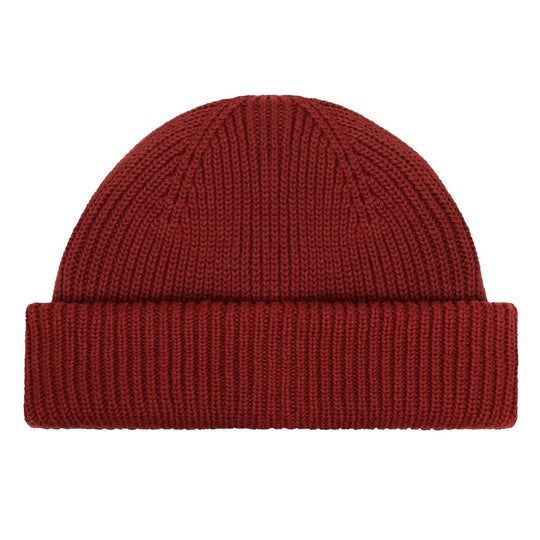 cuffed fisherman beanie cotton. Red knit beanie on a white background