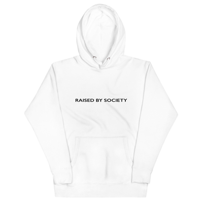 Weißer Kapuzenpullover mit „Raised by Society“-Icon